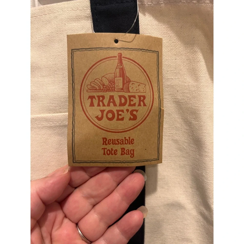 Trader Joe's Reusable Canvas Tote Bag Cream Navy Blue Embroidered Logo NWT